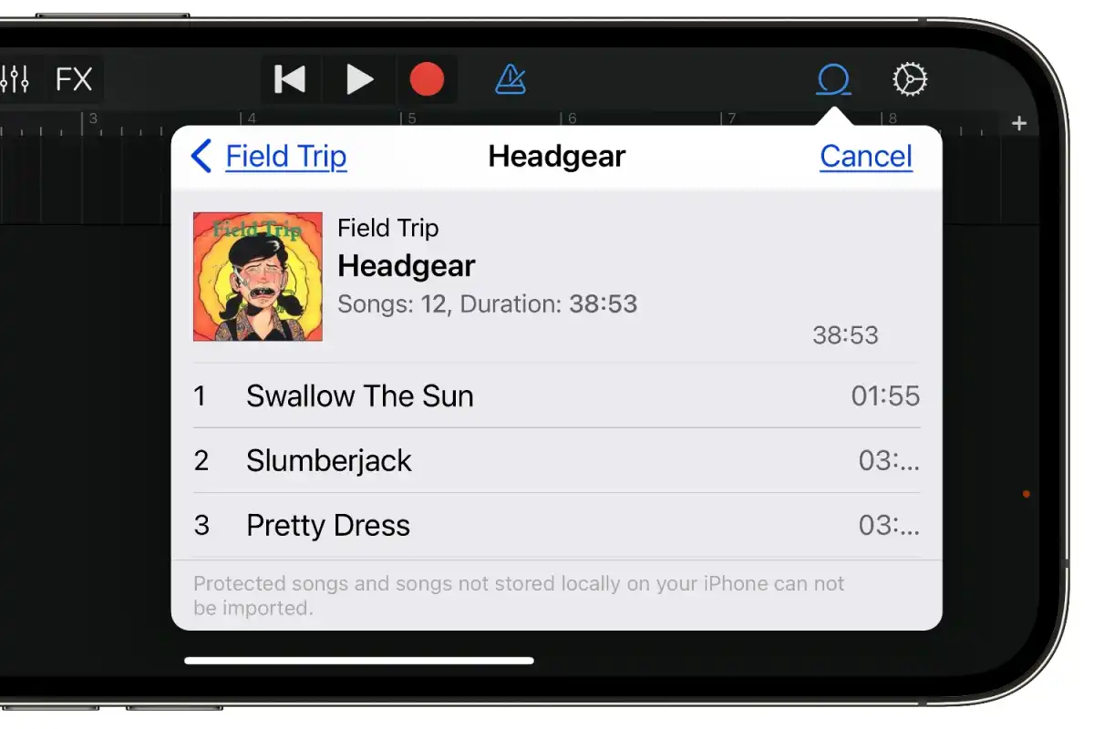 Песни можно импортировать в GarageBand, но они должны находиться на вашем iPhone и не иметь защиты от копирования.