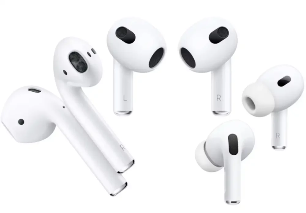 AirPods 2 (слева), AirPods 3 (в центре), AirPods Pro 2 (справа)
