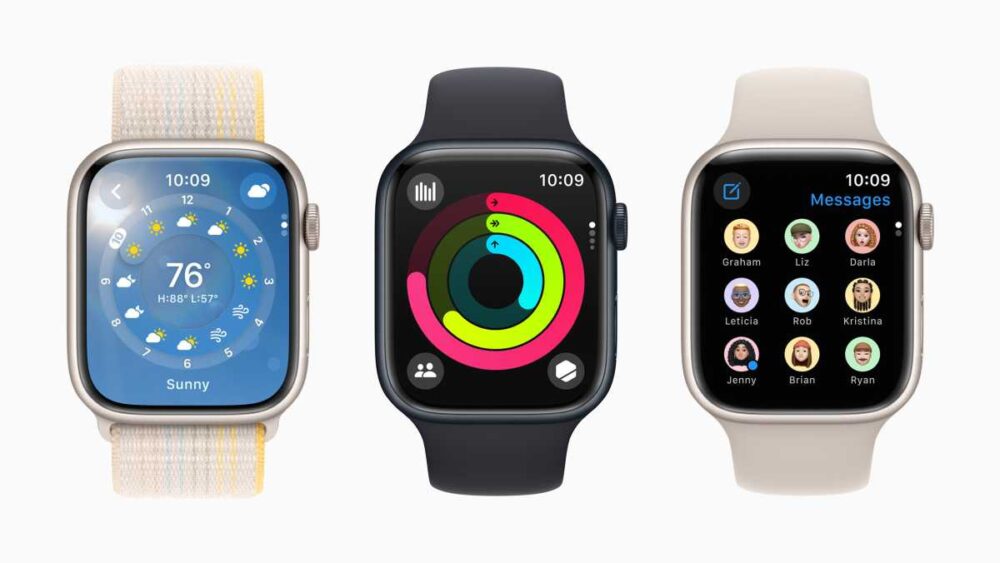 Слева направо представлены обновленные приложения для watchOS 10: «Погода», «Активность» и «Сообщения».