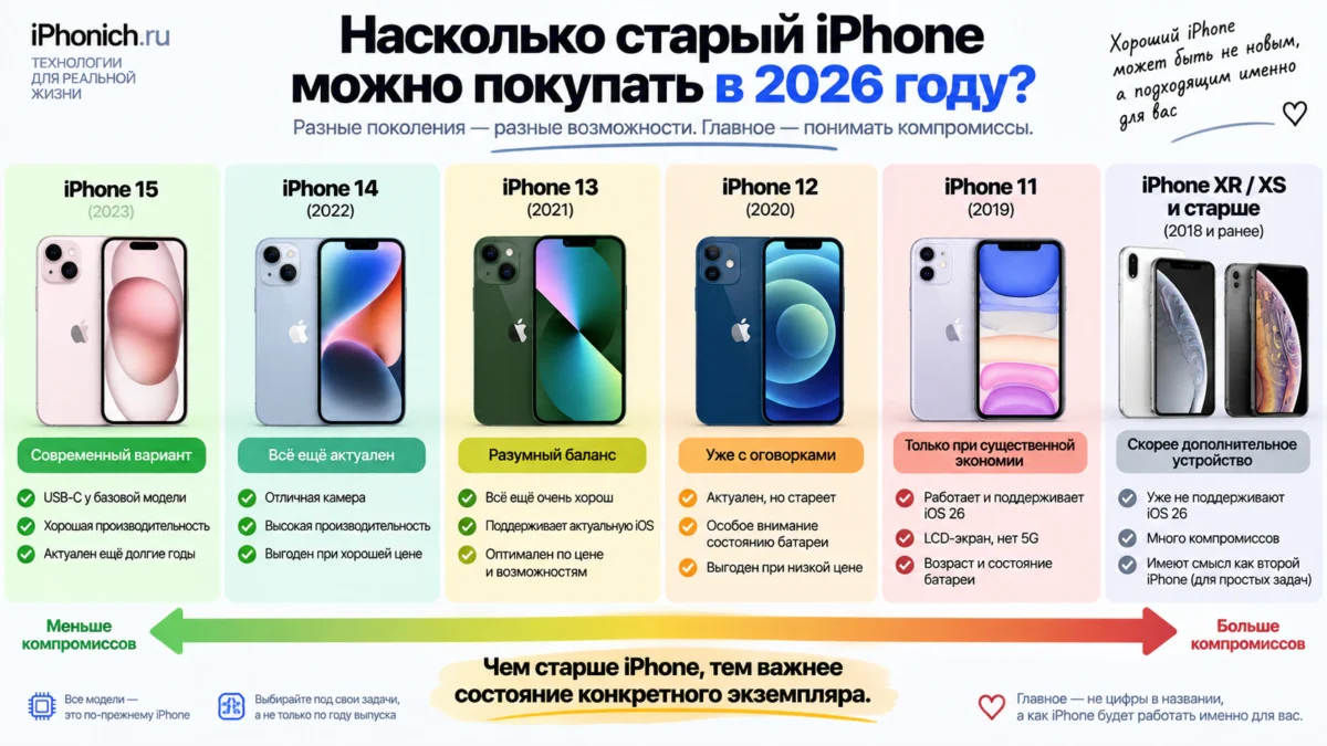 Стоит ли покупать старый iPhone в 2026 году: какие модели ещё актуальны 2 Какие поколения ещё актуальны