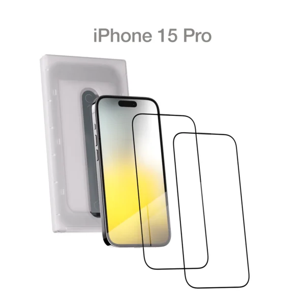 Commo с аппликатором на iPhone 15 Pro. Alt: «Commo защитное стекло iPhone 15 Pro