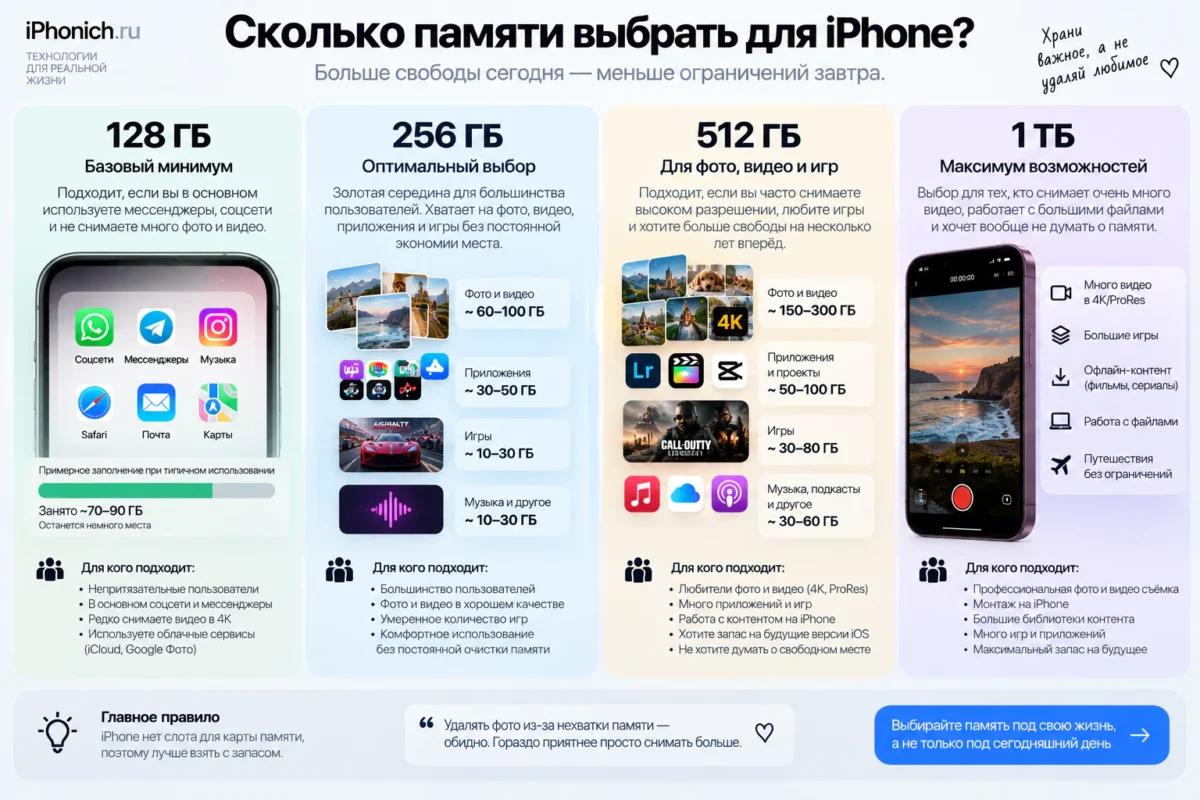 Какой iPhone купить в 2026 году: выбор по бюджету и задачам 6 128 / 256 / 512 ГБ / 1 ТБ — кому сколько