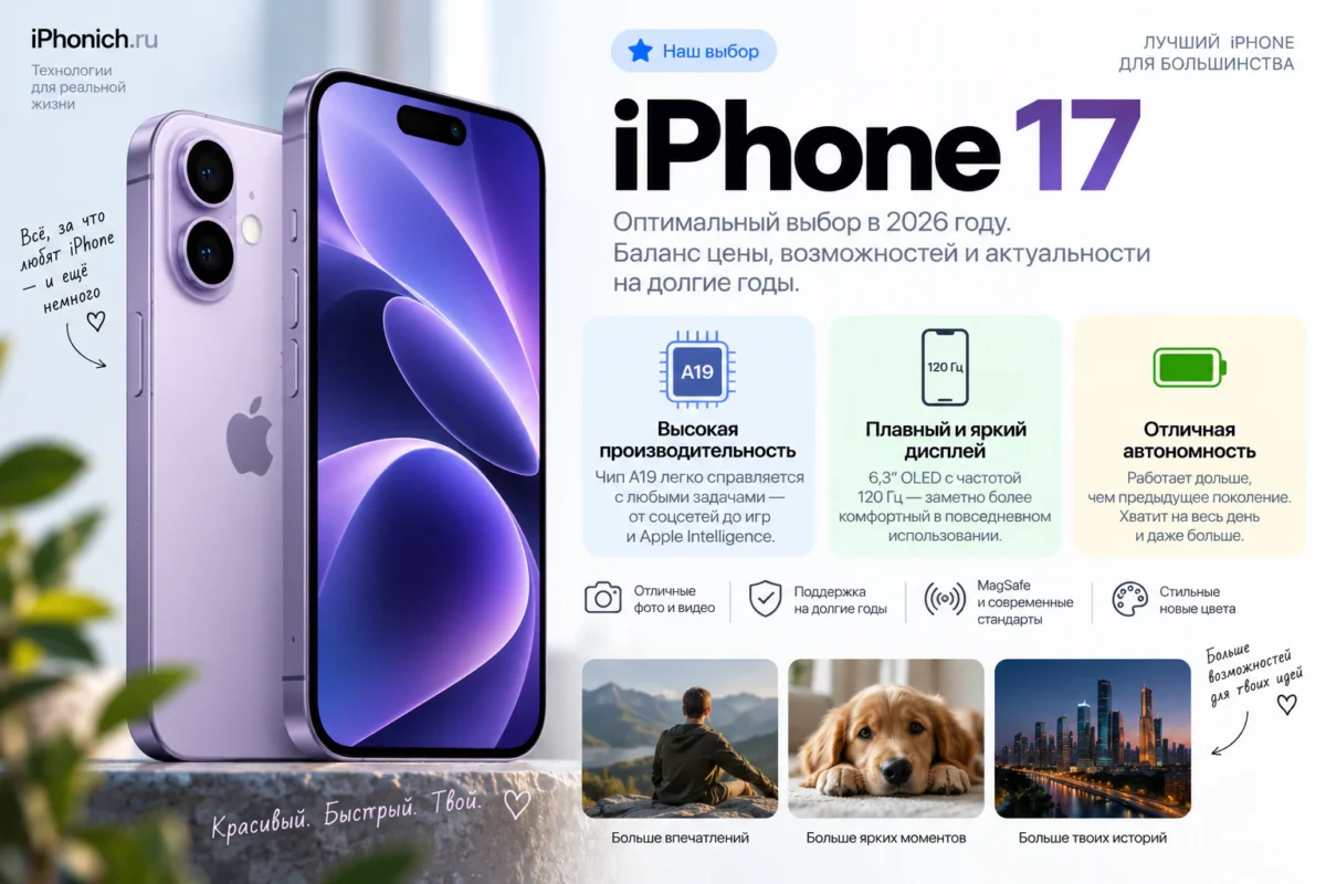 Какой iPhone купить в 2026 году: выбор по бюджету и задачам 4 iPhone 17 крупно + 3 ключевых преимущества