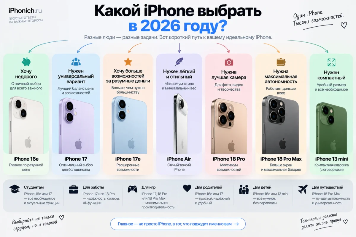 Какой iPhone купить в 2026 году: выбор по бюджету и задачам 2 Наглядная схема «Какой iPhone выбрать» по сценариям