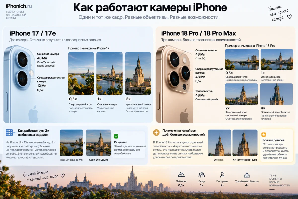 Какой iPhone купить в 2026 году: выбор по бюджету и задачам 5 Наглядное отличие основной / ultra-wide / telephoto и 1× / 2× / 4×