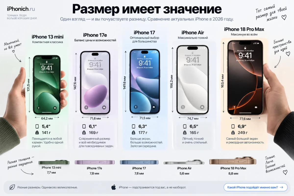 Какой iPhone купить в 2026 году: выбор по бюджету и задачам 3 Сравнение физических размеров: 13 mini → 17e → 17 → Air → 18 Pro Max