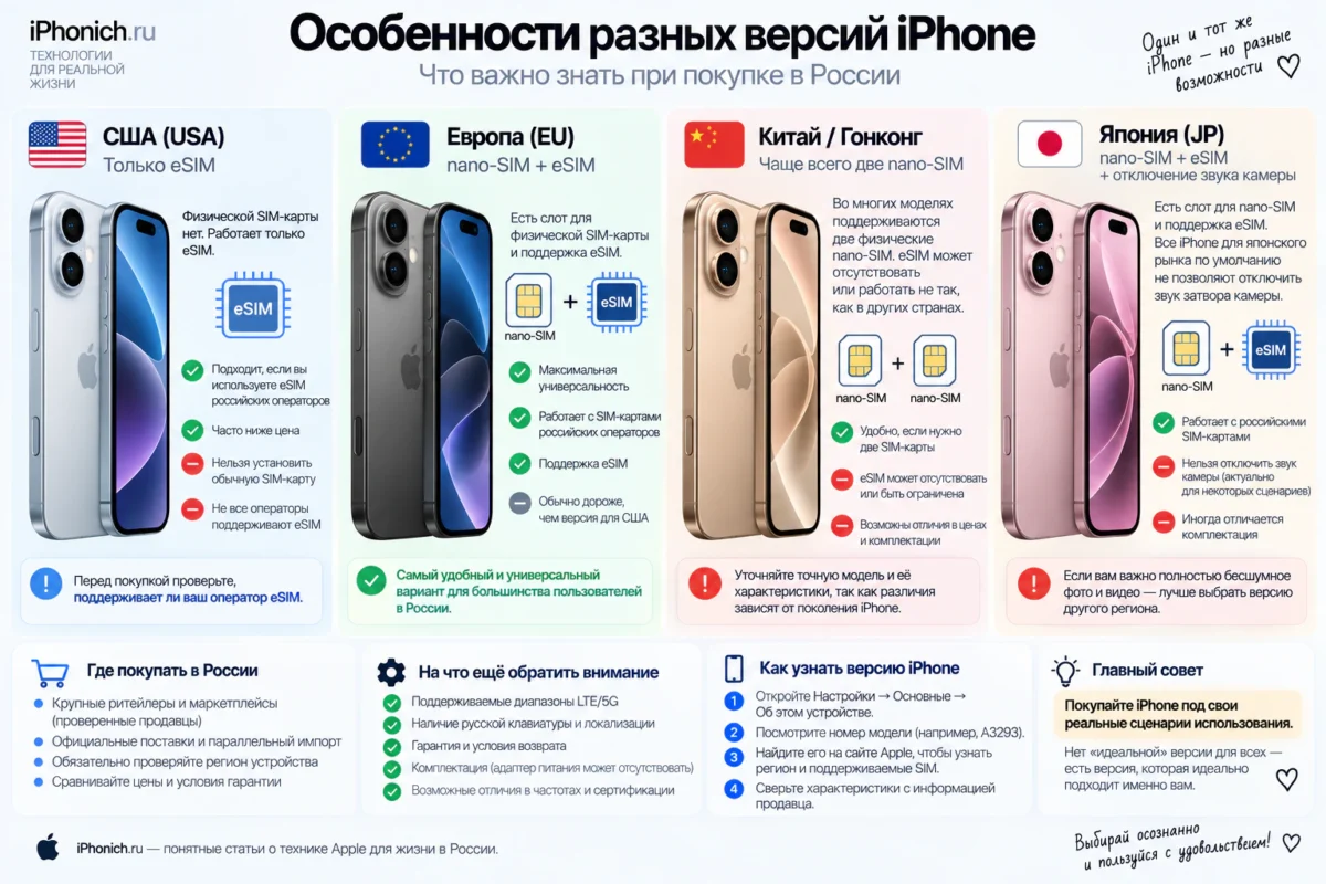 Какой iPhone купить в 2026 году: выбор по бюджету и задачам 8 USA eSIM / Европа nano-SIM+eSIM / другие версии